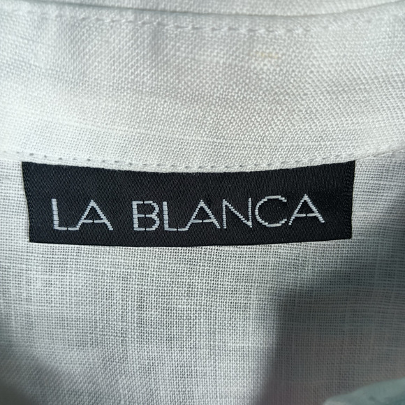La Blanca Cover Up Shirt Dress Womens Medium White Linen Roll Tab Sleeve Belted - Picture 2 of 11